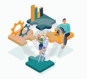 Isometric puzzle of four piece flat illustration. Isolated on a white background. Work in the company, financial concept for solvi