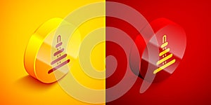 Isometric Pyramid toy icon isolated on orange and red background. Circle button. Vector