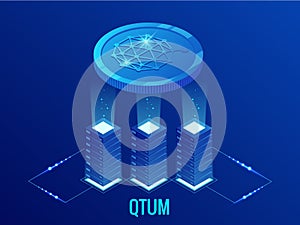 Isometric QTUM Cryptocurrency mining farm. Blockchain technology, cryptocurrency and a digital payment network for