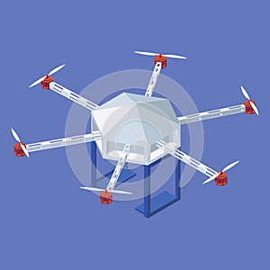 Isometric quadrotor helicopter delivery of food, equipment, medicine. Isolated on blue background white object