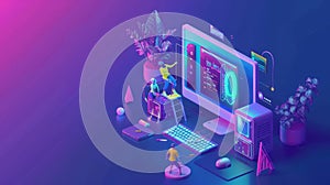 Isometric quality assurance landing page. Tiny characters doing quality assurance on huge computer. Software development