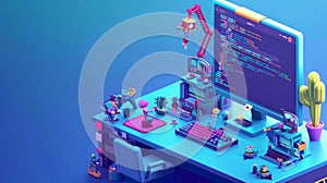 An isometric quality assurance landing page with tiny characters fix bugs on a huge computer. Quality assurance software