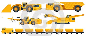 Isometric Quarry Mining Machines, Side View Mining Cart, Underground, Railway Wagon, Tunneling Drilling Rig, Underground