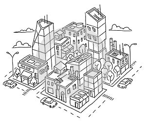 Isometric quarter big city sketch. Skyscrapers and high-rise buildings. Home architecture city center. Hand drawn black