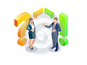 Isometric question and answer concept. Discussion man and women vector illustration