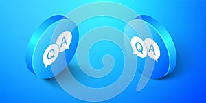 Isometric Question and Answer mark in speech bubble icon isolated on blue background. Q and A symbol. FAQ sign. Copy