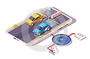 Isometric race cars on smartphone screen, flat vector illustration. Car racing game on mobile phone.