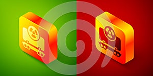 Isometric Radioactive cargo train wagon icon isolated on green and red background. Freight car. Railroad transportation