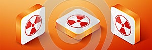 Isometric Radioactive icon isolated on orange background. Radioactive toxic symbol. Radiation Hazard sign. Orange square