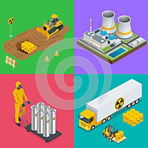 Isometric Radioactive waste elements. Vector hazard and radiation vector illustrations.