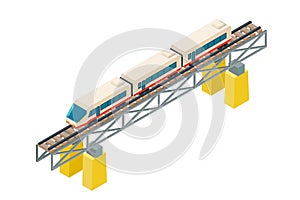 Isometric railroad train on railway rails on piles flat design vector illustration