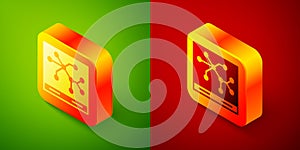 Isometric Railway map icon isolated on green and red background. Square button. Vector