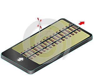 Isometric railway in mobile phone. Rail transportation in communication technologies, paraphrase. photo