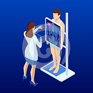 Isometric X-ray machine for scanning human body. Doctor checking examining chest x-ray film of patient. Roentgen of