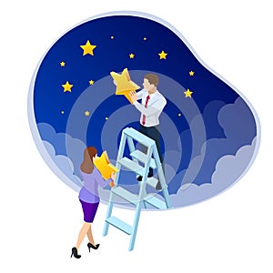 Isometric Reaching the Stars. Reach your dream, aspirations, and solutions. Businessman and Businesswoman steps onto the
