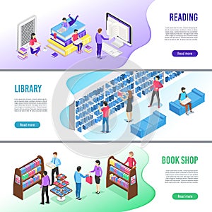 Isometric read book banner. Online library books with bookmark, reading ebook and research textbook vector banners