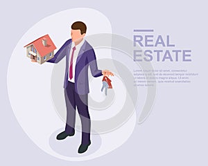 Isometric real estate agent with house model and keys. Buying, selling or renting real estate