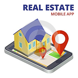 Isometric real estate mobile app with phone and 3d house vector