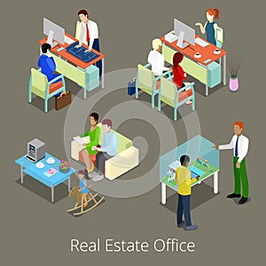 Isometric Real Estate Office. Flat 3d Interior with Managers and Clients