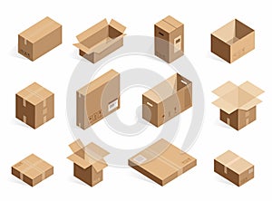 Isometric realistic cardboard delivery boxes. Opened, closed logistic box isolated on the white background.