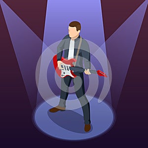 Isometric Realistic Electric Guitar. Man playing an electric guitar on a stage musical concert