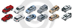 Isometric realistic SUV cars set template on white background. Compact crossover, truck, pickup, SUV, 5-door station