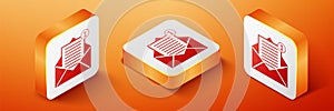 Isometric Received message concept. Envelope icon isolated on orange background. New, email incoming message, sms. Mail