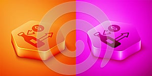 Isometric Reception and sale of glass bottles icon isolated on orange and pink background. Hexagon button. Vector