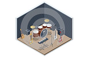 Isometric recording studio and soundproof wall texture. Drum kit with drums and cymbals. Synthesizer analog sound