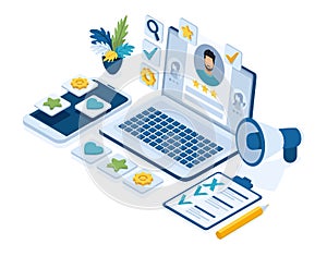 Isometric recruitment concept, HR managers, job seekers, resume, icons for work, laptop with resume photo