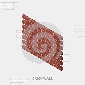 Isometric red brick wall, Vector illustration, 3D view. Brick wall texture