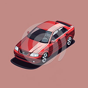 Isometric Red Car On Beige Background - Intense Color Saturation And Realistic Hyper-detail