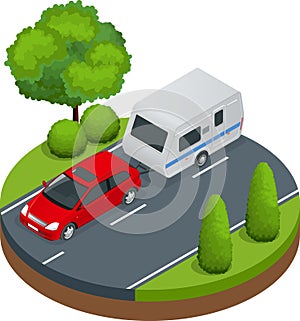 Isometric red car with Camping trailer on road. Travel concept. Recreational vehicles.