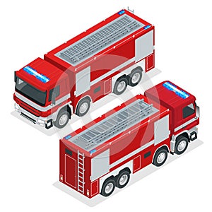 Isometric Red fire truck, vehicle of Emergency. Firefighters design element. Vector Illustration on a white background.