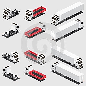 Isometric Red Flatbed Cargo Truck and Truck Trailer with Container. Icons Set. Commercial Transport. Logistics