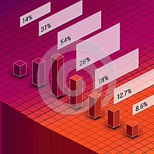Isometric red and orange bar chart diagram with