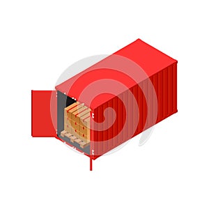 Isometric red shipping container loaded with palet cardboards