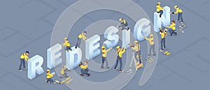 Isometric redesign services concept. Builders installed letters. Isolated Vector illustration.