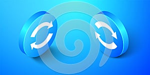 Isometric Refresh icon isolated on blue background. Reload symbol. Rotation arrows in a circle sign. Blue circle button