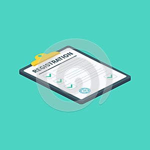 Isometric Registration clipboard with checklist. Man hold in hand clipboard agreement. Flat design, vector illustration