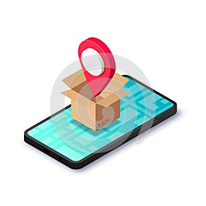 Isometric relocation concept box pin smartphone