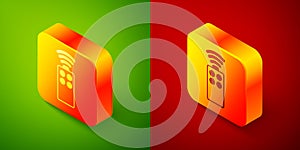 Isometric Remote control for the camera icon isolated on green and red background. An auxiliary device that allows you
