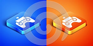Isometric Remote control icon isolated on blue and orange background. Square button. Vector