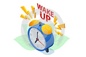 Isometric representation of an alarm clock waking up, with ringing watches accompanied by flashing lightning. Morning
