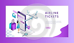 Isometric Reservation And Booking Airplane Ticket Online Concept. Website Landing Page. Woman Is Buying or Booking