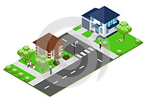 Isometric residential area with people, private houses, trees and crosswalk.