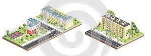 Isometric Residential District. Five Storey Buildings. Hotel with Tennis Court. Infographic Element. Illustration. City