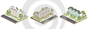 Isometric residential five and six storey buildings with people, road and trees. Icon or infographic element. Illustration. City