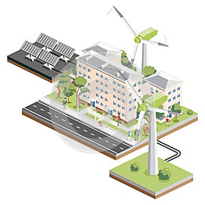 Isometric residential five storey building with solar panels and wind turbines. Green eco friendly house. Infographic element.
