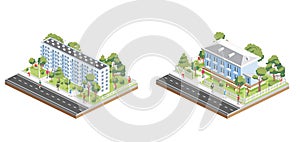 Isometric residential two and six storey buildings with people, road and trees. Icon or infographic element. Illustration. City